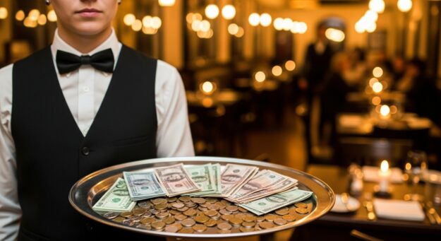 Garçom segurando bandeja com gorjetas em restaurante, simbolizando direitos e rateio justo.