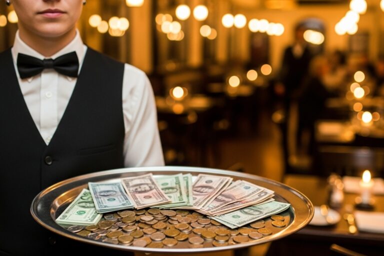 Garçom segurando bandeja com gorjetas em restaurante, simbolizando direitos e rateio justo.
