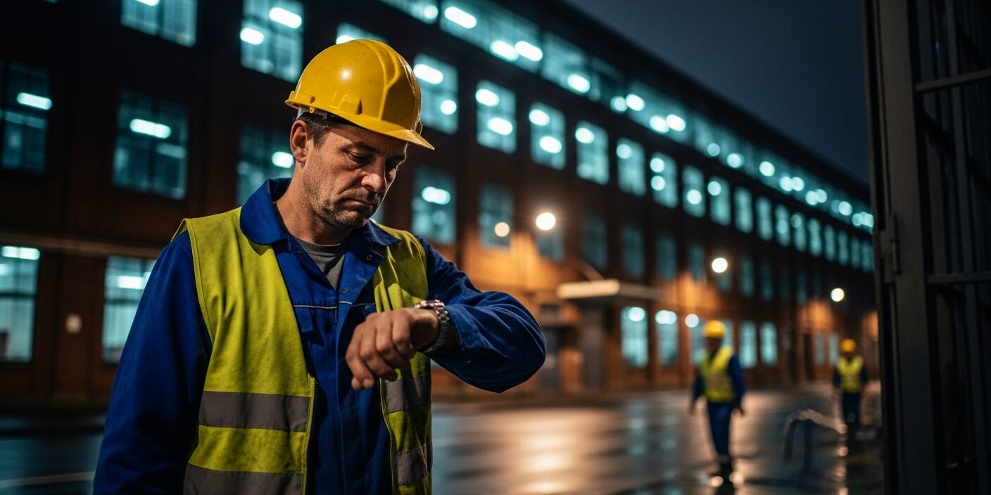 Trabalhador exausto olhando para o relógio ao sair do turno, representando o direito ao intervalo interjornada de 11 horas.