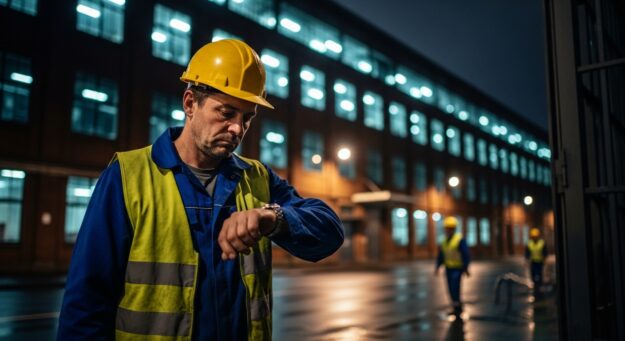 Trabalhador exausto olhando para o relógio ao sair do turno, representando o direito ao intervalo interjornada de 11 horas.