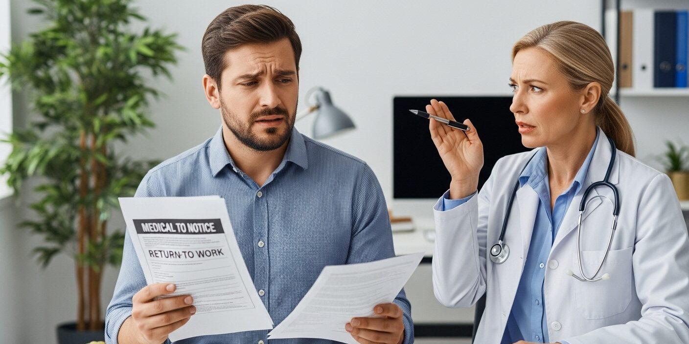 rabalhador em dúvida após alta do INSS e recusa da empresa, representando o limbo previdenciário.