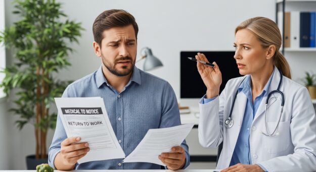 rabalhador em dúvida após alta do INSS e recusa da empresa, representando o limbo previdenciário.