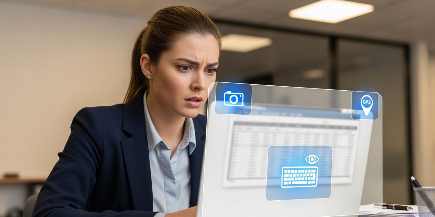 monitoramento-digital-no-trabalho Trabalhador preocupado com monitoramento digital e privacidade no trabalho