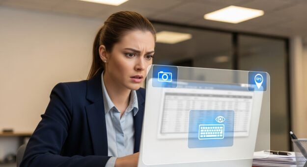 Trabalhador preocupado com monitoramento digital e privacidade no trabalho