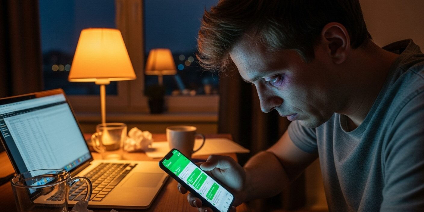 Trabalhador cansado verificando mensagens no WhatsApp fora do expediente, representando sobreaviso.