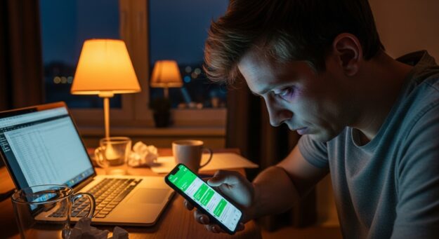 Trabalhador cansado verificando mensagens no WhatsApp fora do expediente, representando sobreaviso.