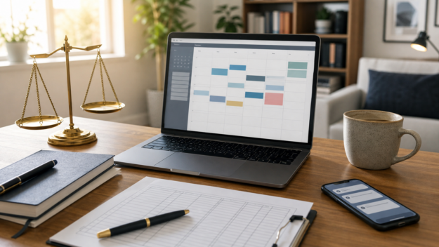 Mesa de home office com notebook, agenda, celular e balança da justiça para artigo sobre horas extras no teletrabalho