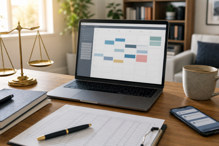 Mesa de home office com notebook, agenda, celular e balança da justiça para artigo sobre horas extras no teletrabalho