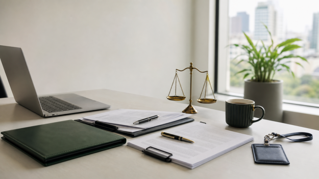 mesa de escritório com contrato, notebook e símbolos jurídicos representando pejotização e direitos trabalhistas