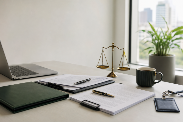 mesa de escritório com contrato, notebook e símbolos jurídicos representando pejotização e direitos trabalhistas