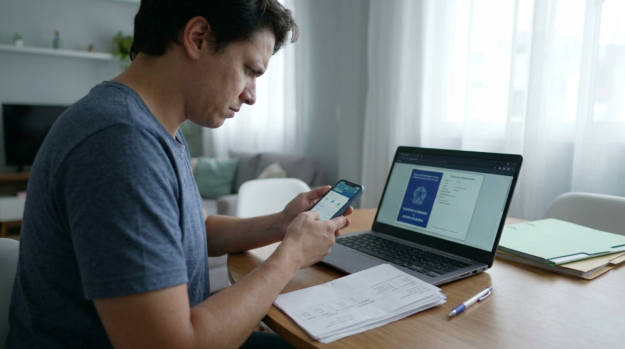 Trabalhador consultando o aplicativo do FGTS no celular e verificando falta de depósitos da empresa.