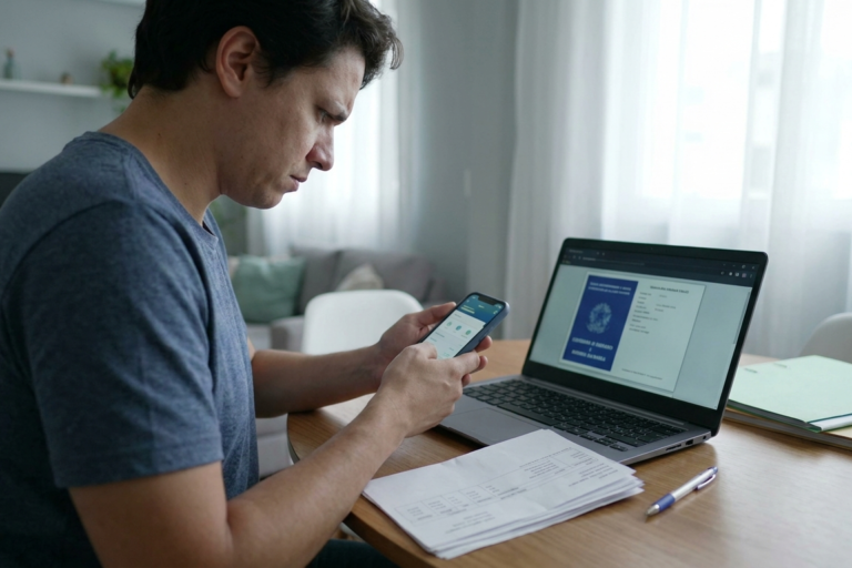 Trabalhador consultando o aplicativo do FGTS no celular e verificando falta de depósitos da empresa.